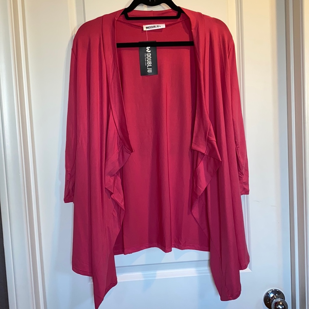 Doublju NWT Large Hot Pink Cardigan 3/4 Sleeve Waterfall Front Super Stretchy